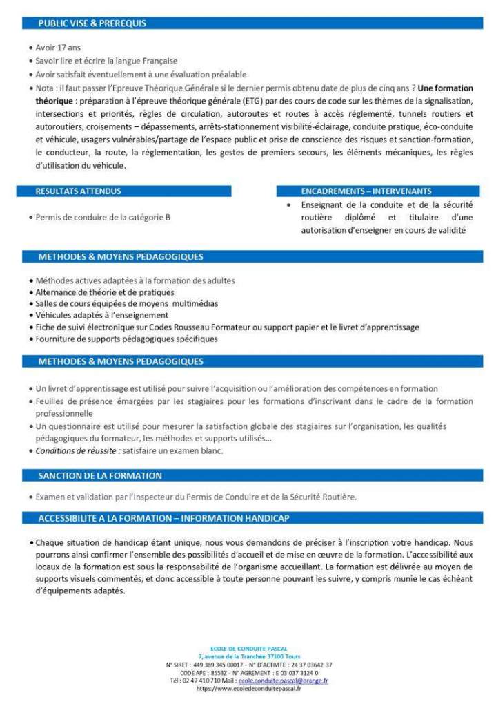 Programme détaillé de formation permis B Tours