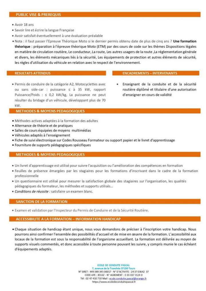 Programme de formation - permis A2 Tours