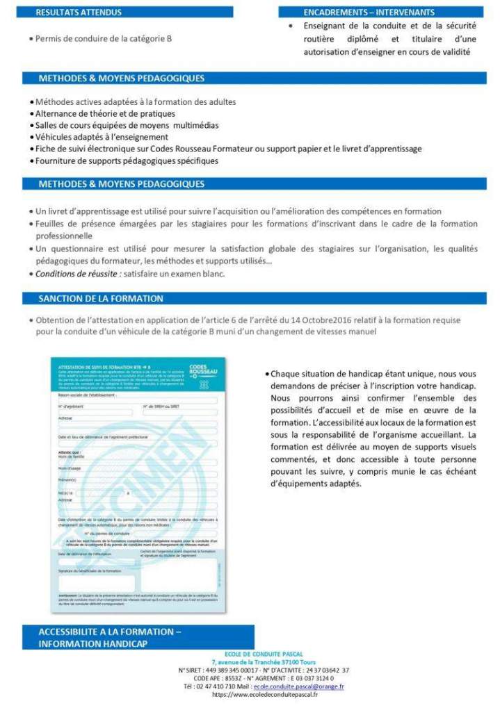 Programme détaillé de formation B78 Tours