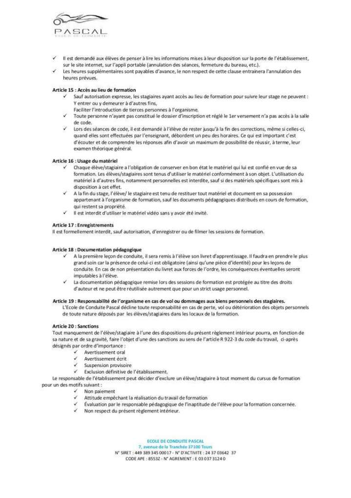 Règlement auto-école Tours