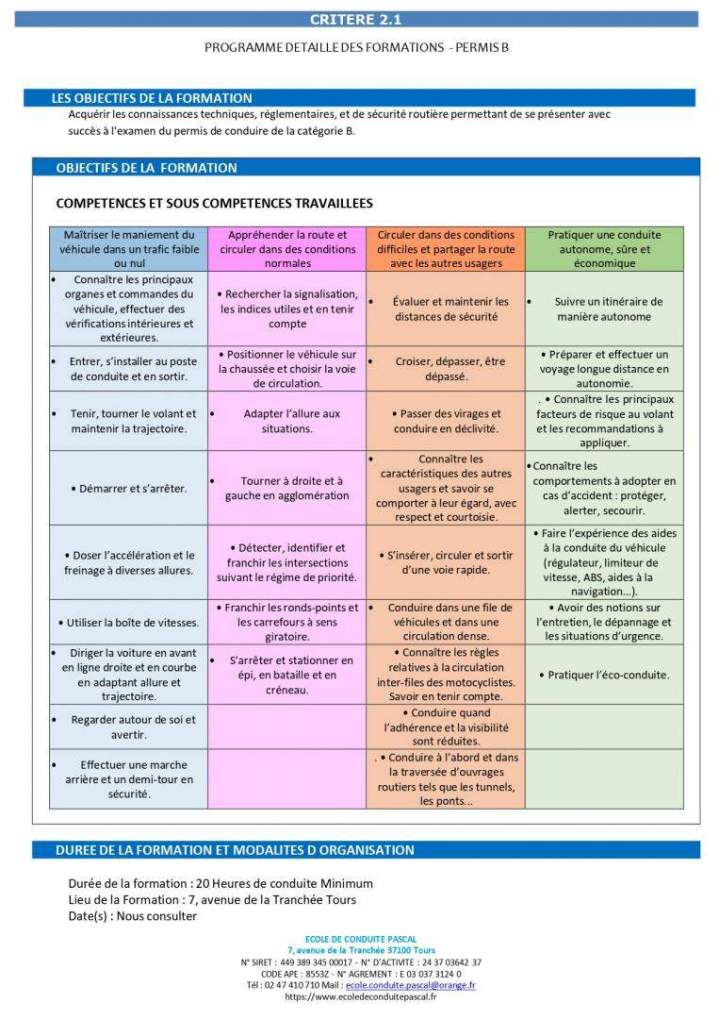 Programme de formation permis B Tours