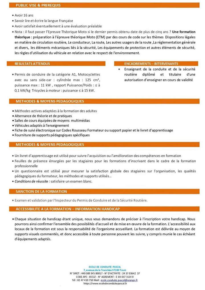 Programme détaillé de formation permis A1 Tours