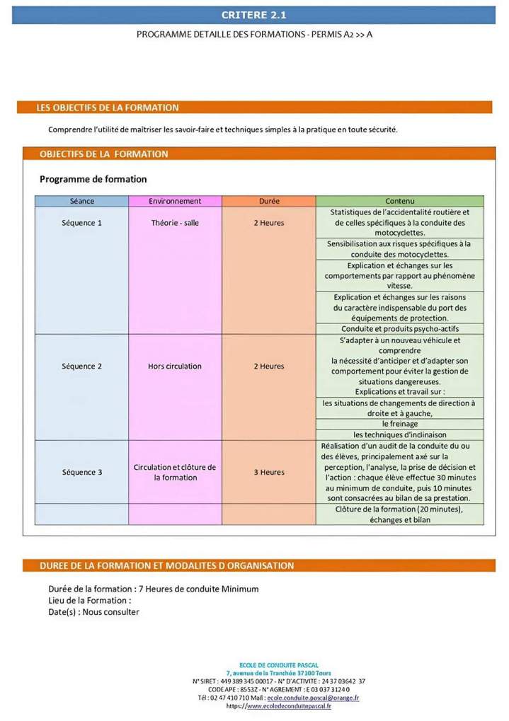 Programme de formation detaillée permis A2 vers A Tours