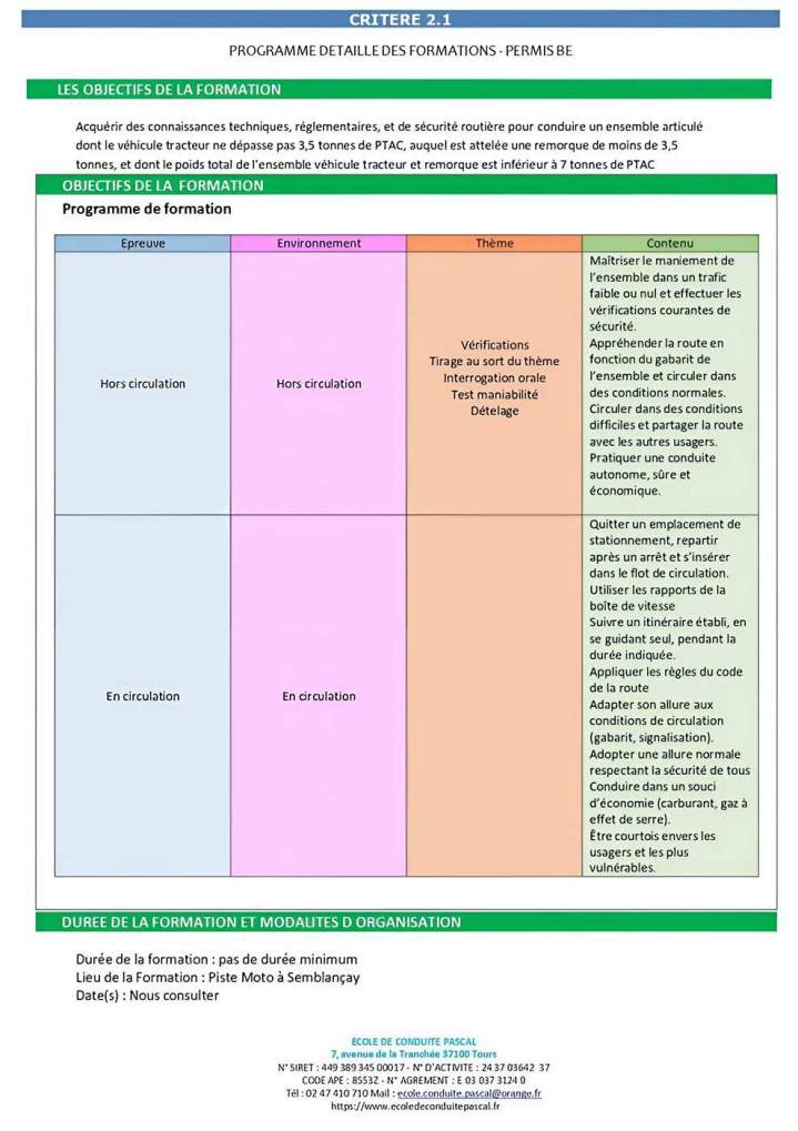 Programme de formation Permis BE