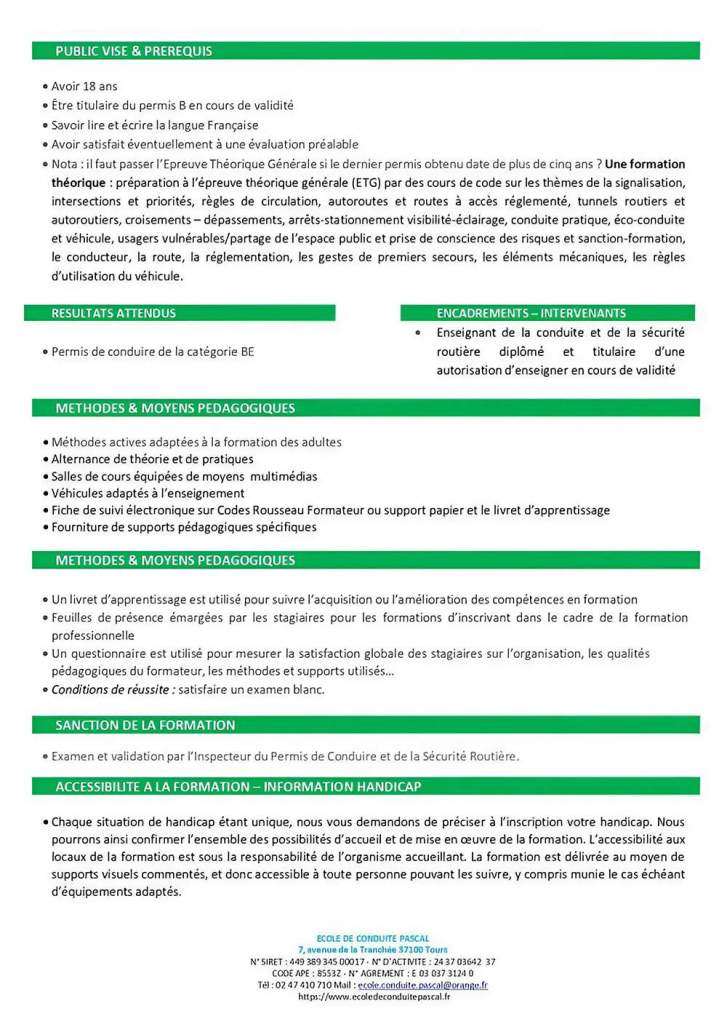 Programme détaillé de formation Permis BE