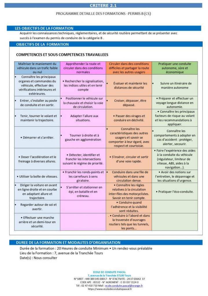 Programme de formation permis B Tours