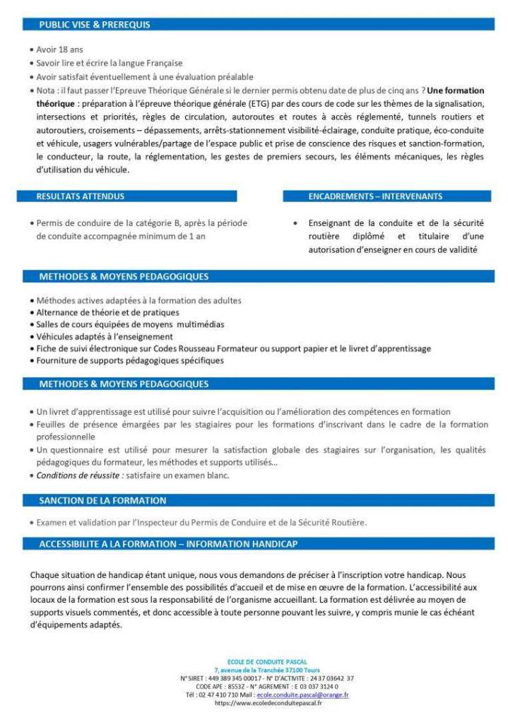 Programme détaillé de formation permis B Tours