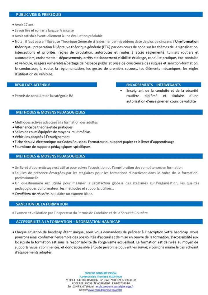 Programme détaillé de formation Permis B Boite Automatique Tours