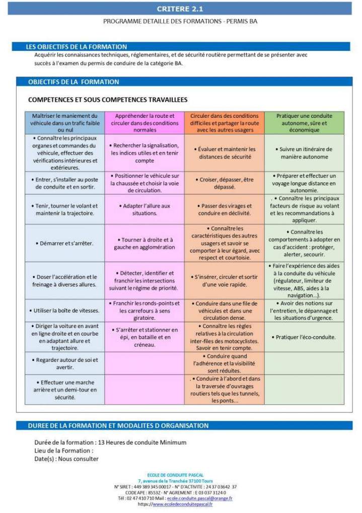 Programme de formation Permis B Boite Automatique Tours